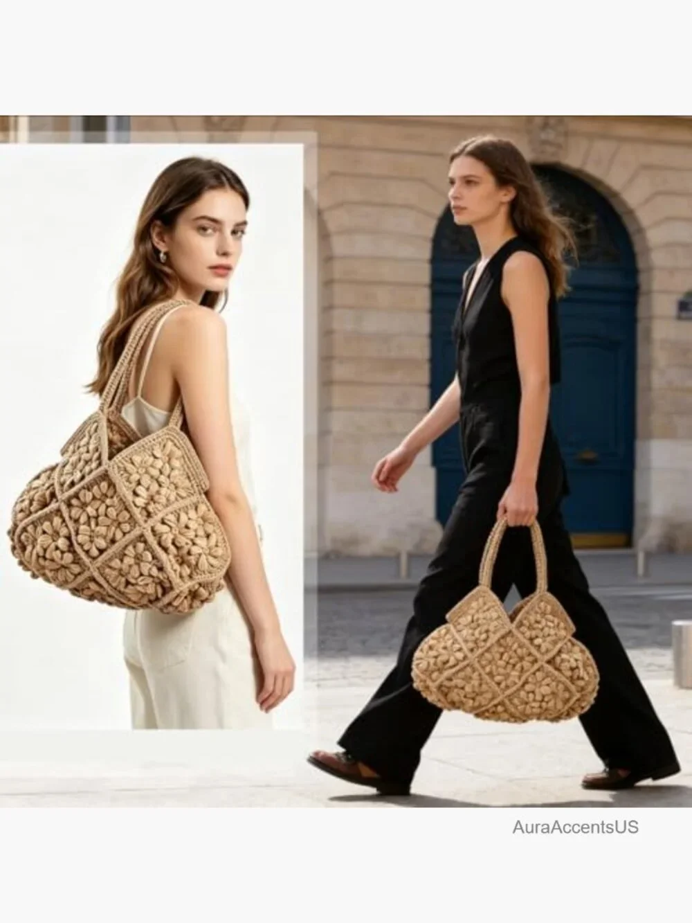 Crochet Floral Panel Hobo Bag in Beige